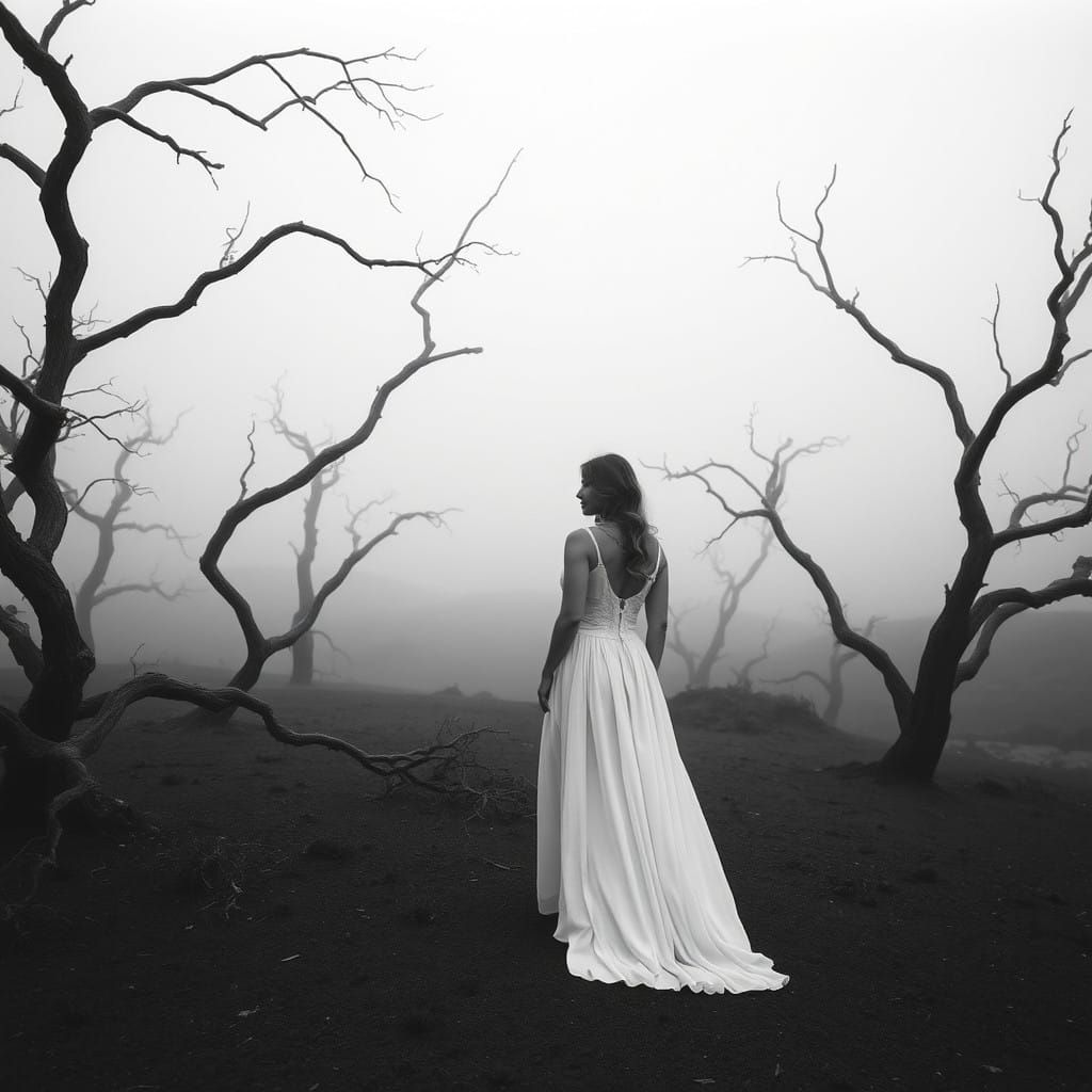 Ethereal Woman in Misty Black and White Landscape