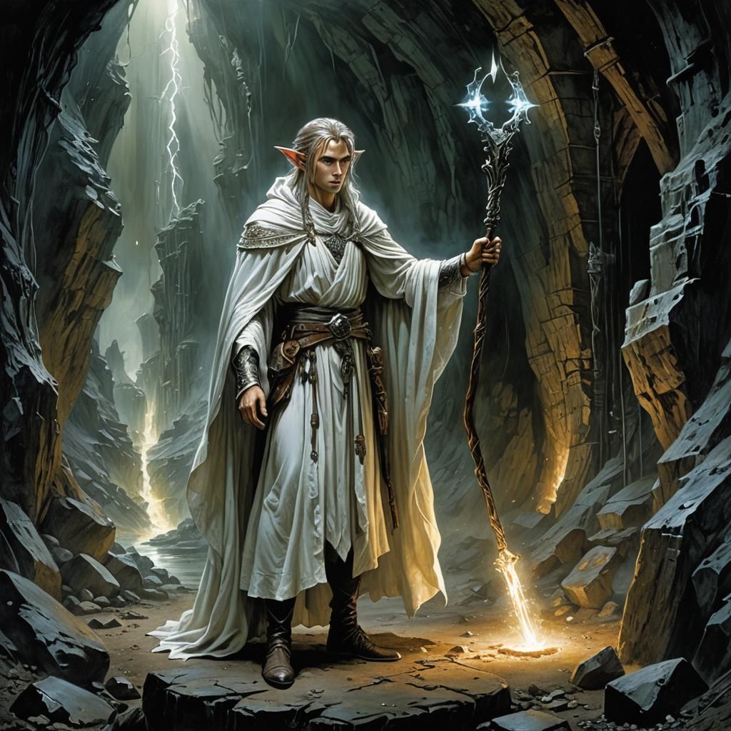 Elf Sorcerer in Abandoned Mine with Artifacts