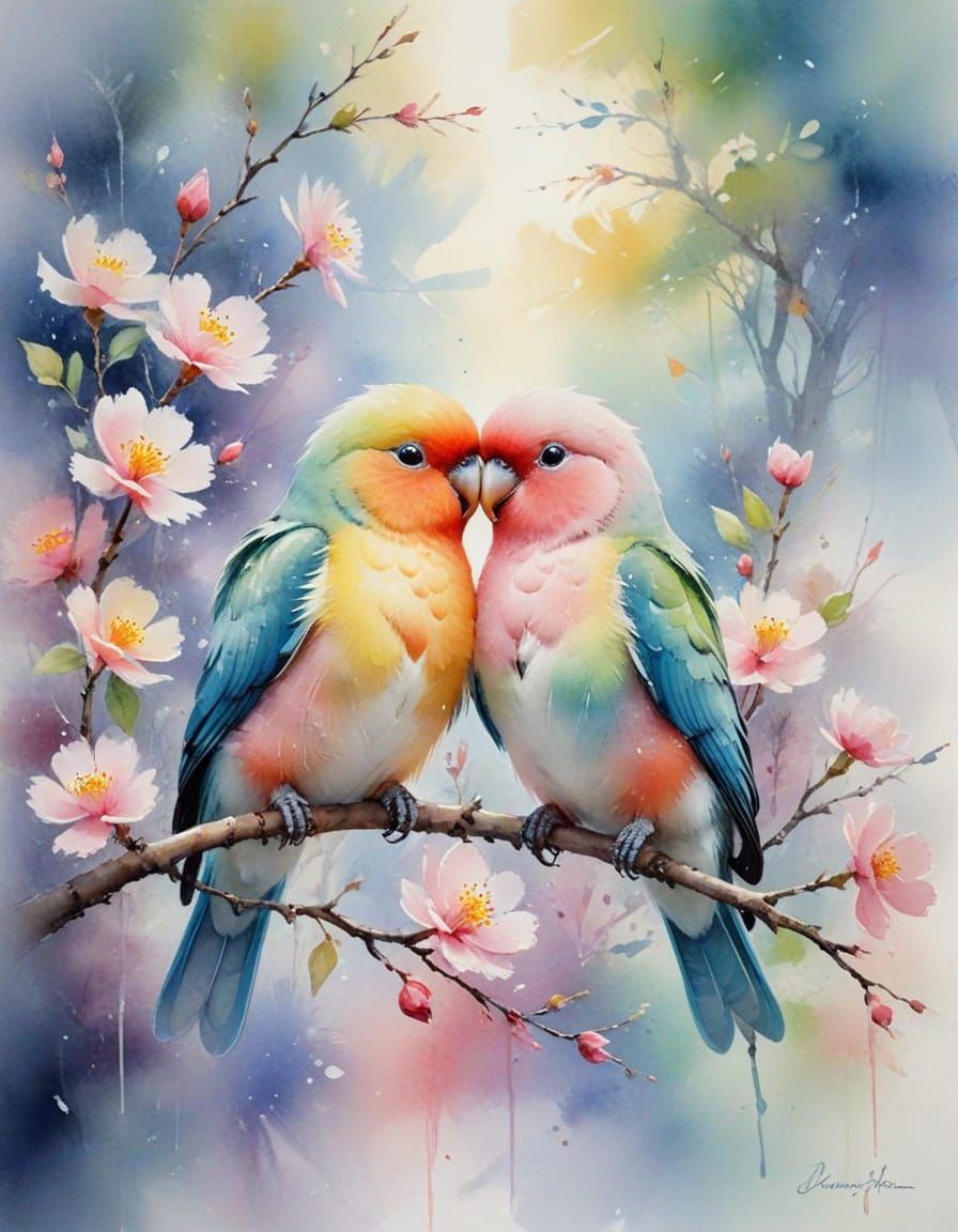 Pastel Lovebirds in Impressionist Watercolor Painting