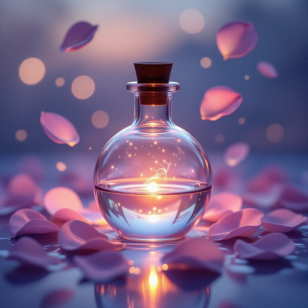 Ethereal Love Potion with Rose Petals in Twilight