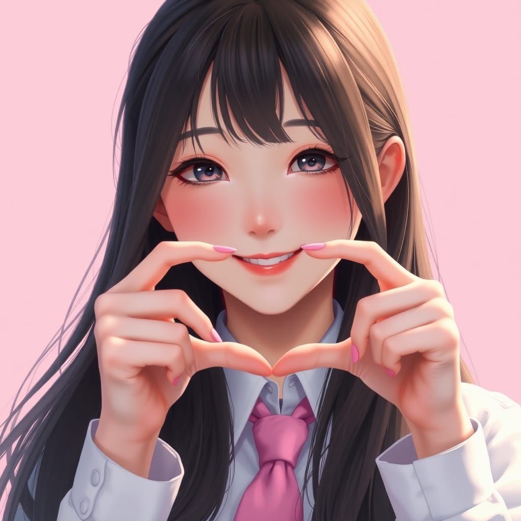 Sweet Asian Girl with Heart Hands, Digital Art