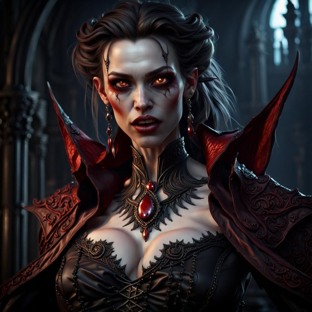 Beautiful Vampire Woman with Fangs in Dark Fantasy Art