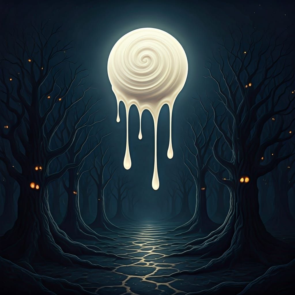 Surreal Melting Ice Cream Moon Over Eerie Forest