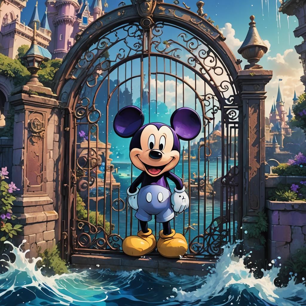 Sunken Disneyland Entrance in Cinematic Manga Style