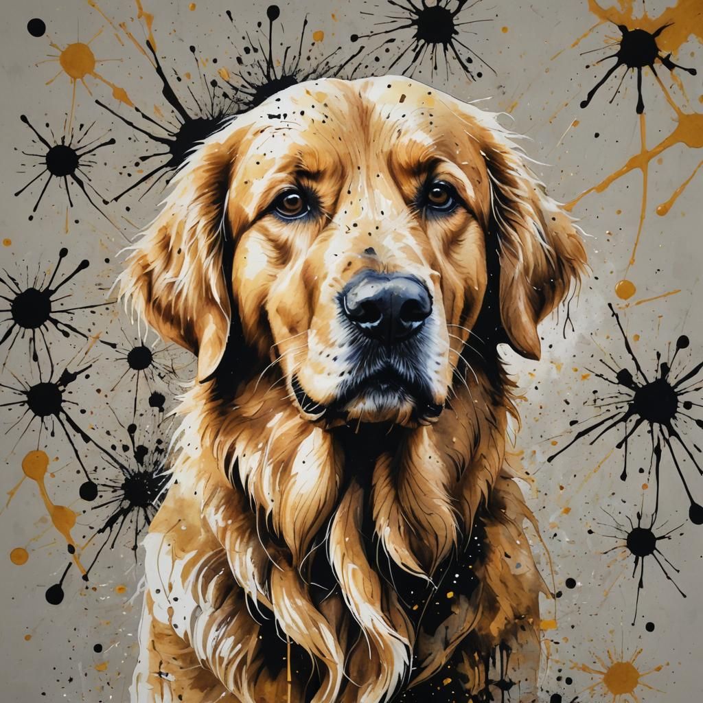 Ink Splatter Dog Painting: Golden Retriever Portrait