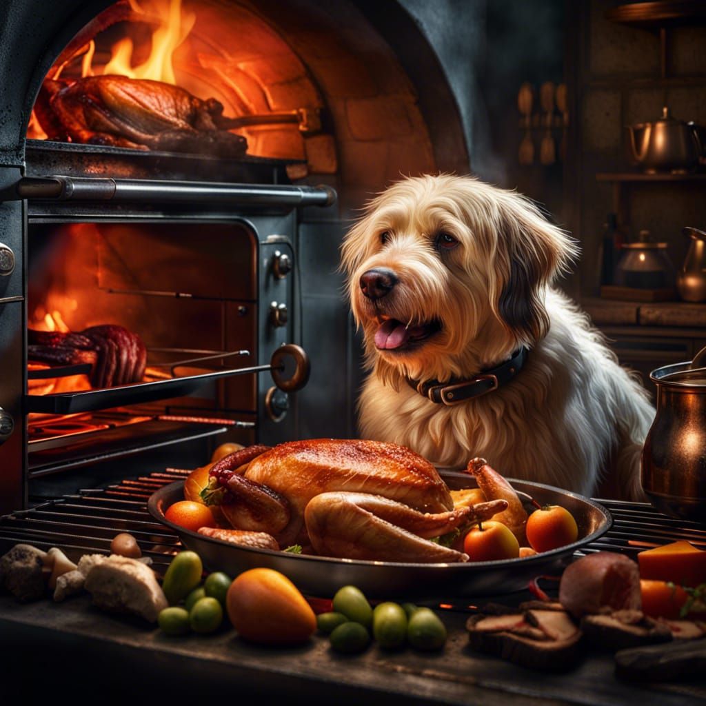 Happy Dog Cooks Turkey: Hyperrealistic Detailed Painting