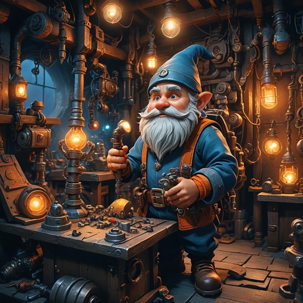 Gnome Engineer's Mystical Workshop in Art Nouveau Style