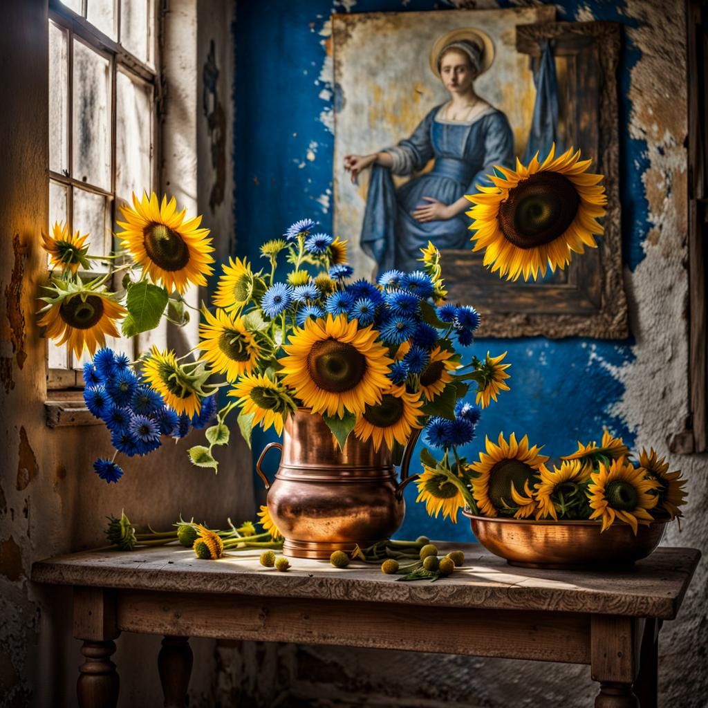 Sunflowers and Ukrainian Flag Still Life, Hyperrealism
