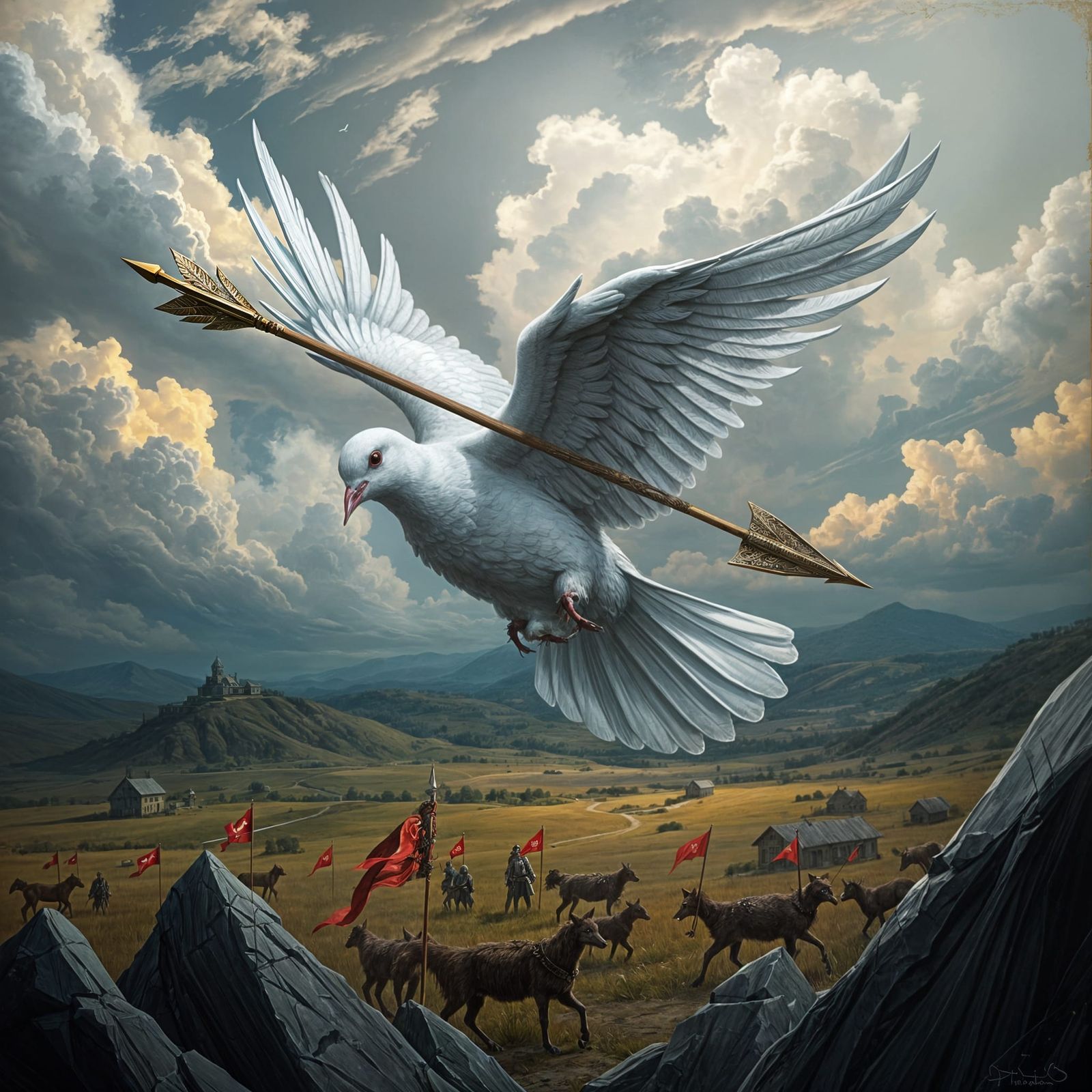 Dark Fantasy Peace Dove Flees Battle