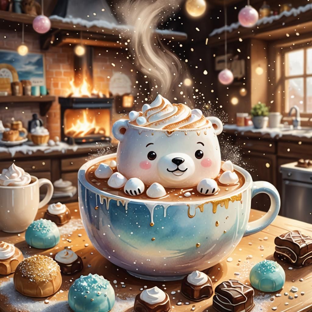 Chibi Bear in Cocoa: Whimsical Watercolor Illustration