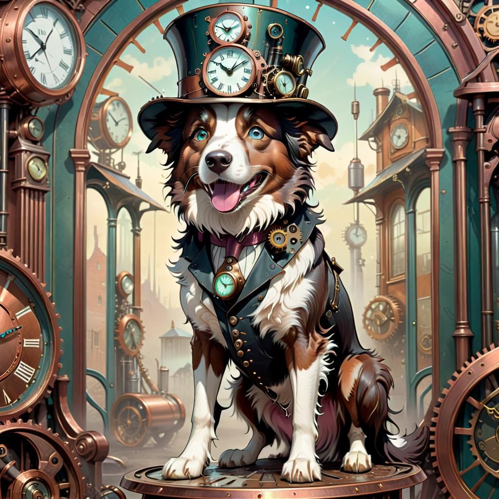 Steampunk Border Collie in Art Nouveau Clock House