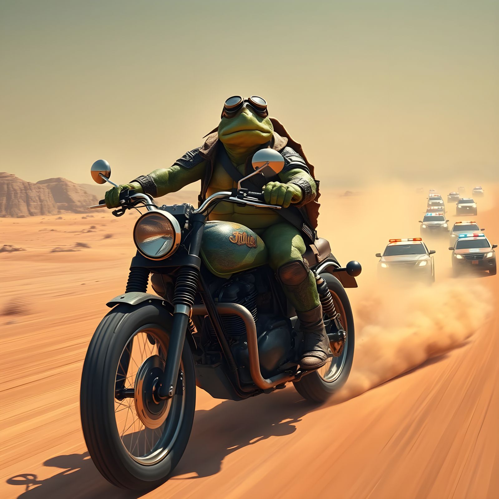 Turtle on Vintage Motorcycle in Desert Pursuit