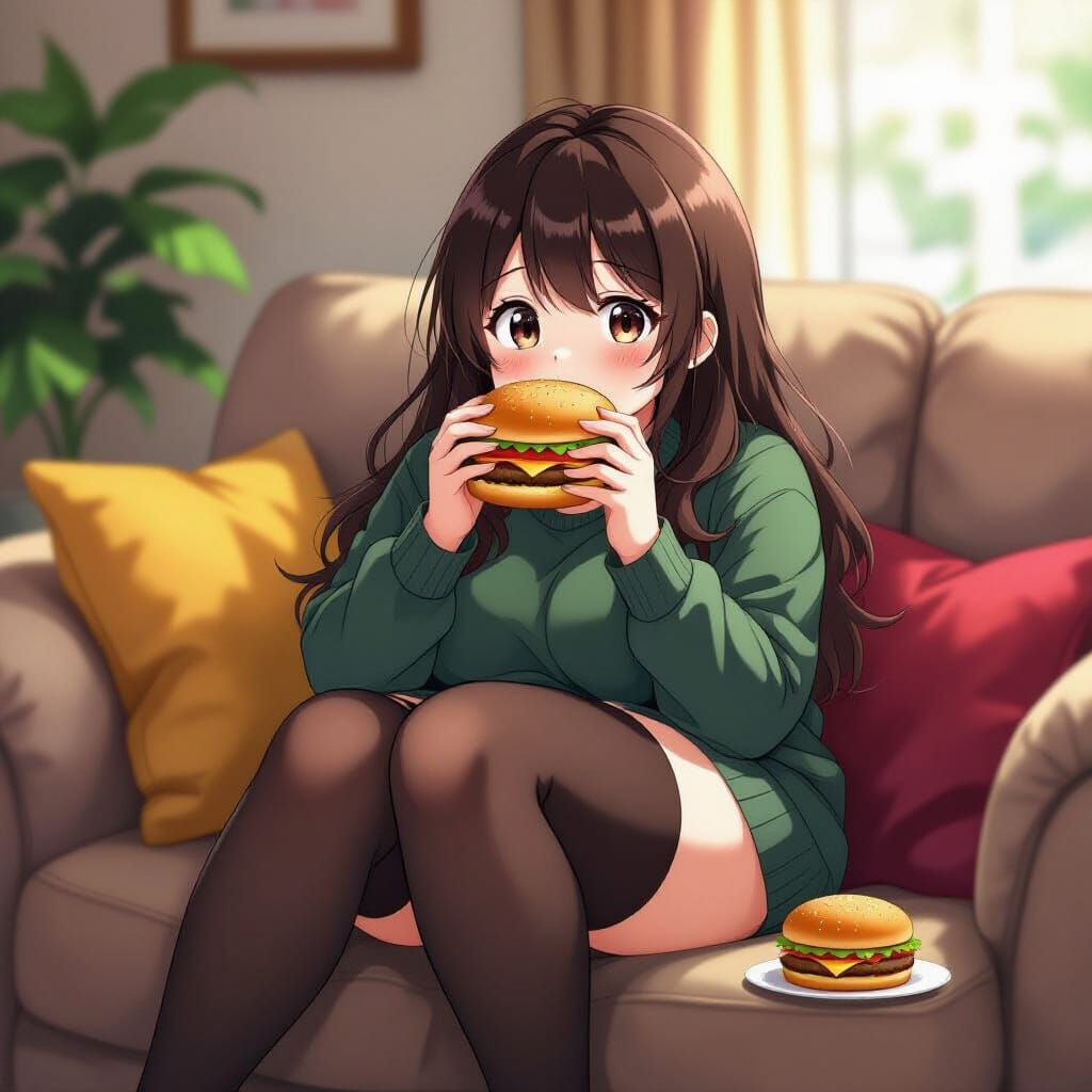 Anime Girl Enjoys Burgers on Plush Sofa