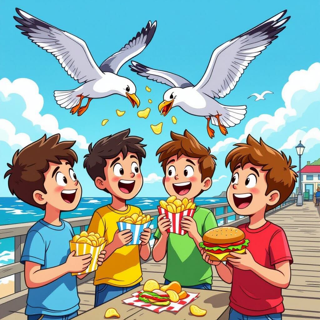 Boys Laughing at Seagull Attack on Pier