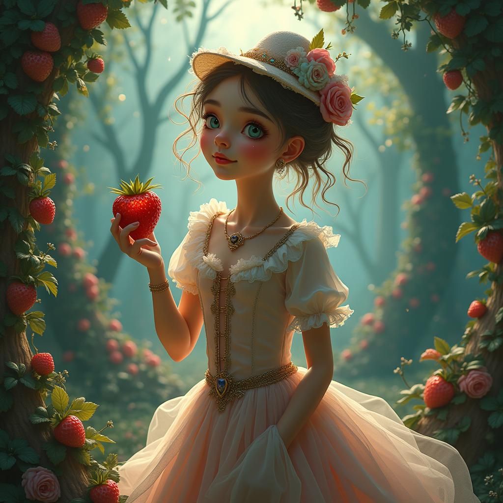 Ethereal Strawberry Maiden in Dreamlike Fantasy Landscape