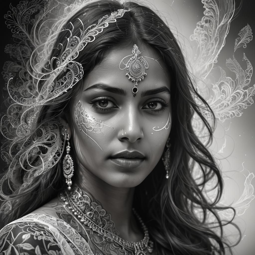 Beautiful Hindu Woman Portrait in Sfumato Technique