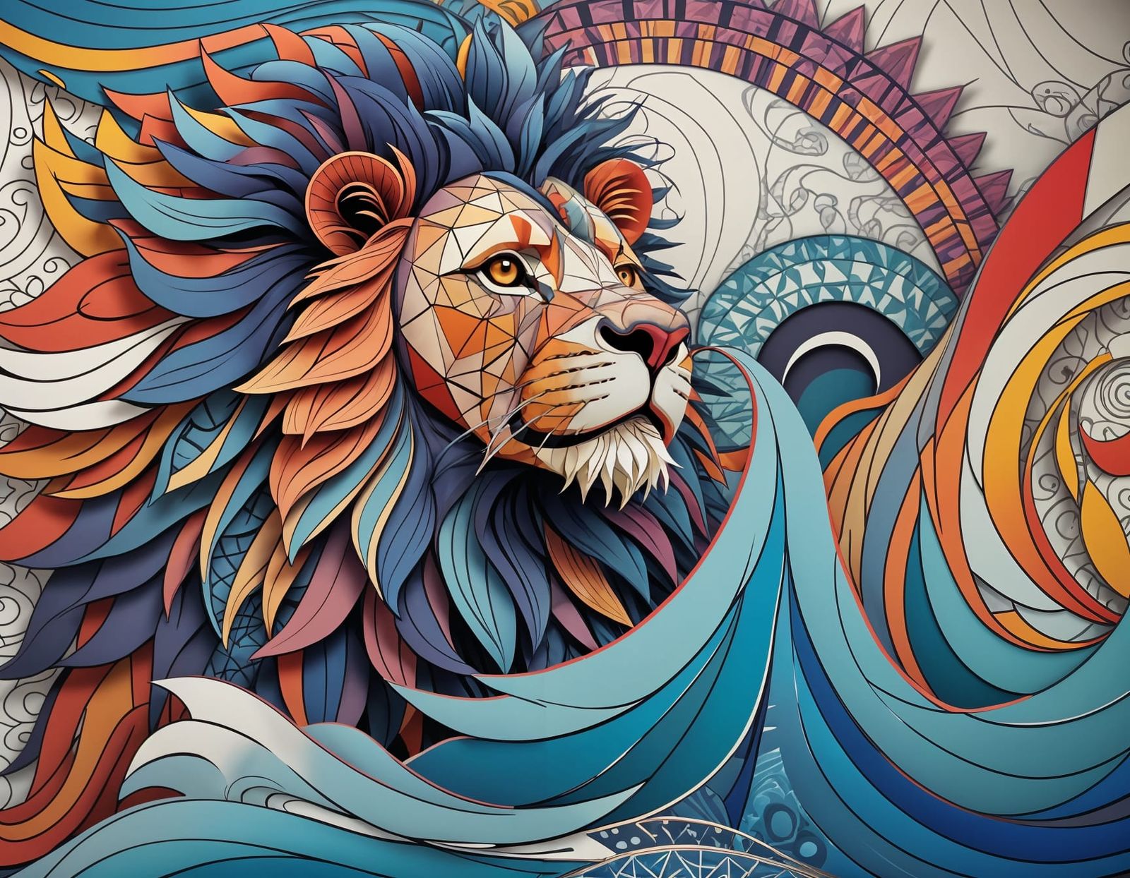Abstract Geometric Lion in Neo-Cubism Style