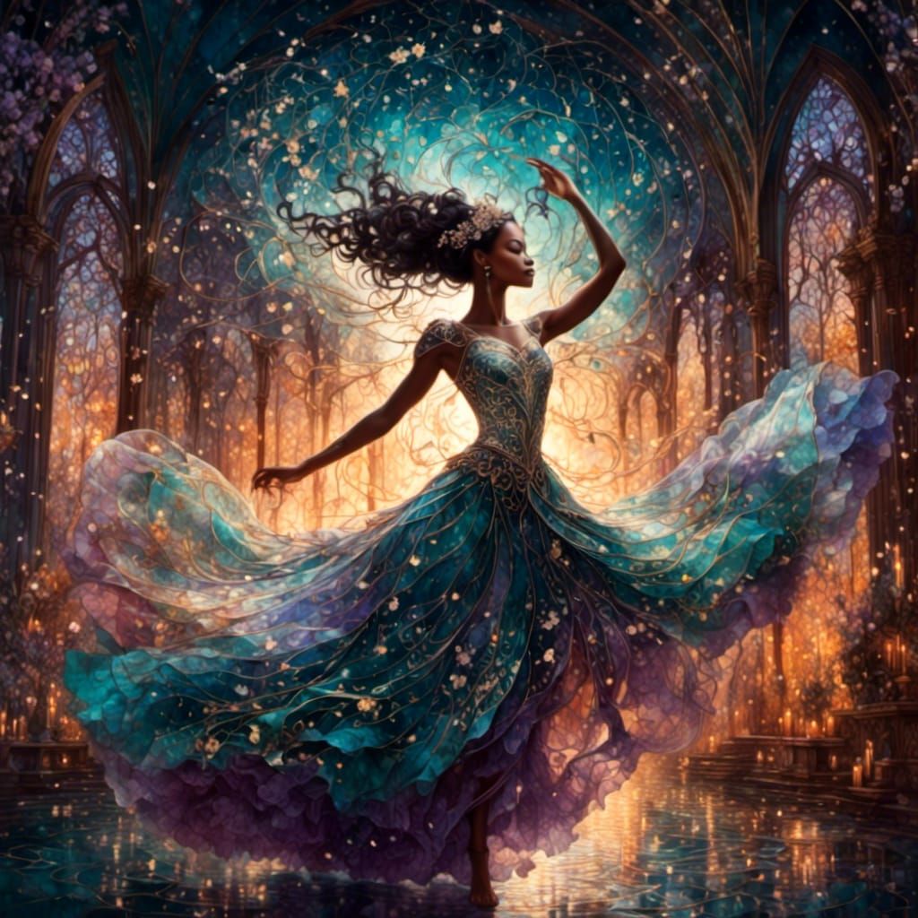 Stained Glass Ballerina in Ethereal Amber and Teal