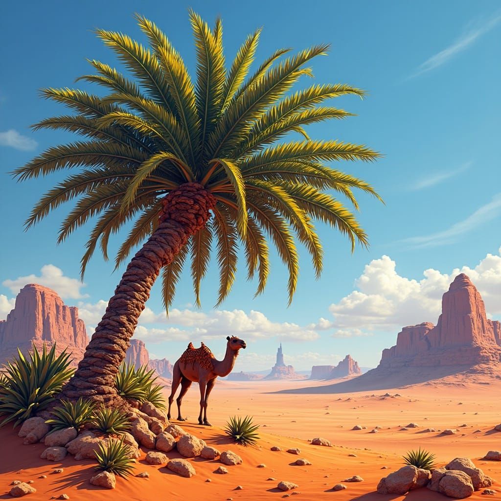 Camel and Palm Tree in Sahara Desert