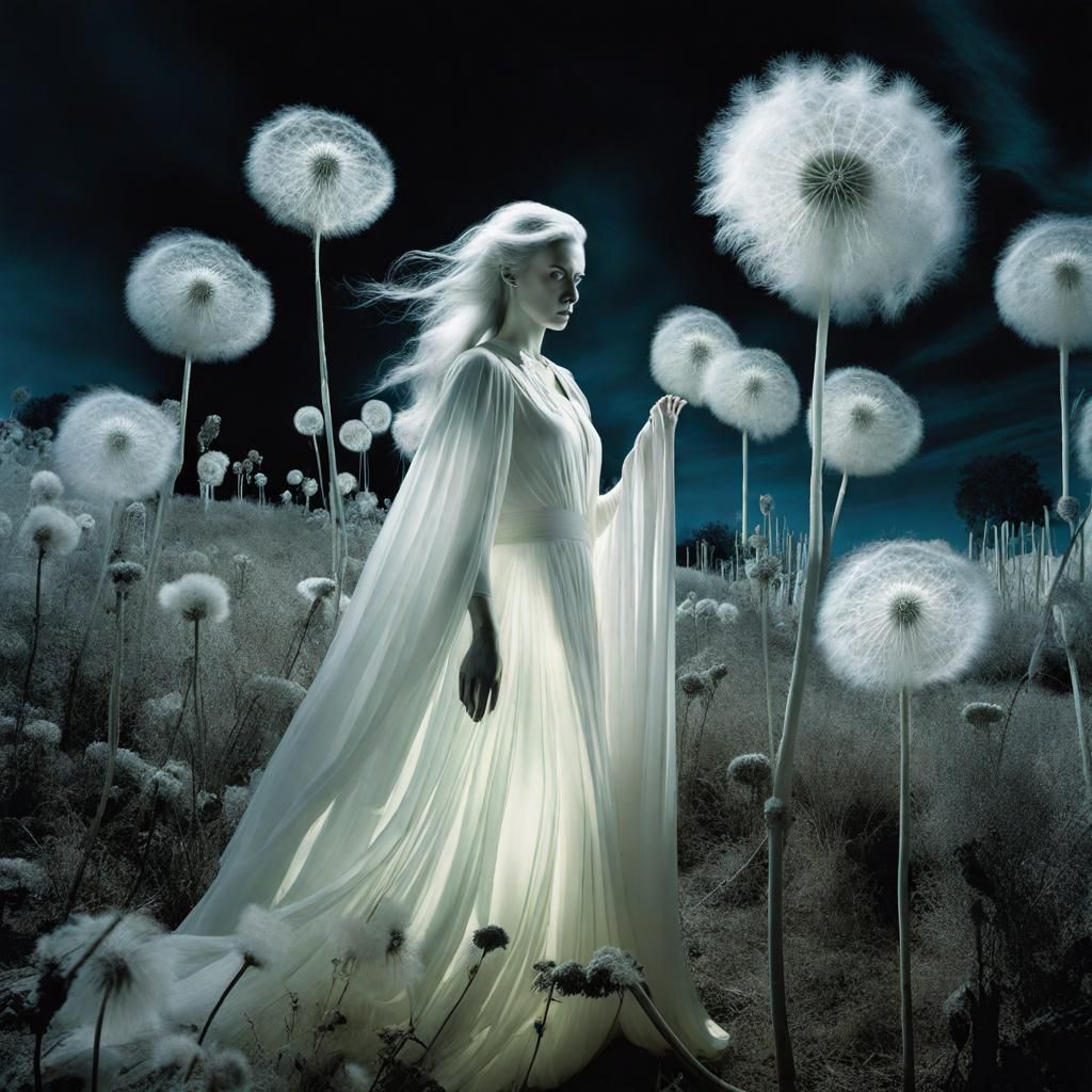 Ghostly woman, wild hunt , infrared photography ,clothed in light and luminous silk, apparitions in a graveyard dreamsc...