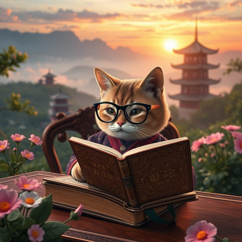 Cat Scholar in Korean Hanbok Matte Painting