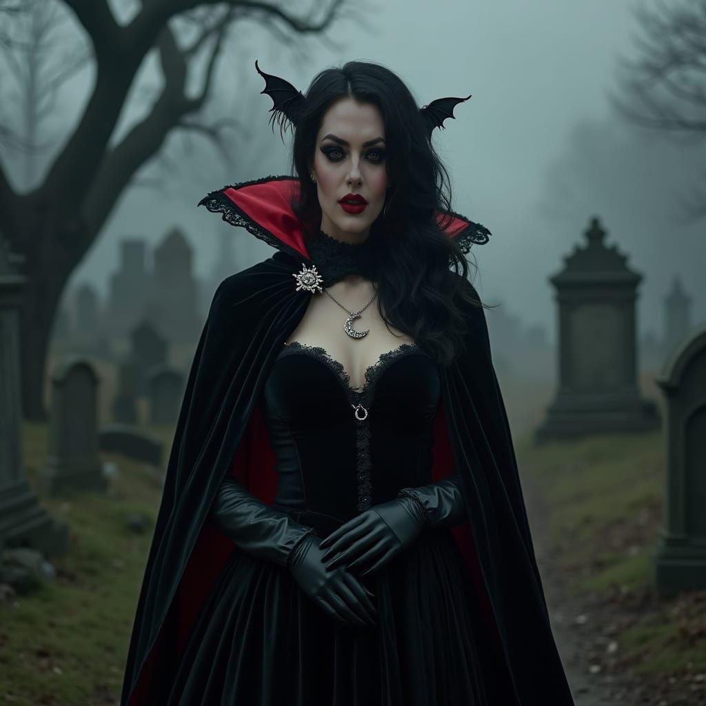 Mysterious Vampire Maiden in Midnight Graveyard