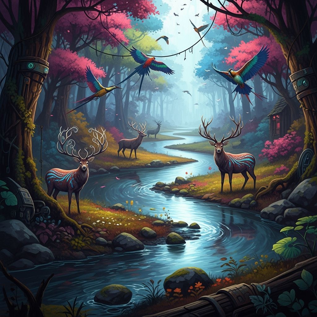 Lush Forest Scene with Deer and Exotic Birds