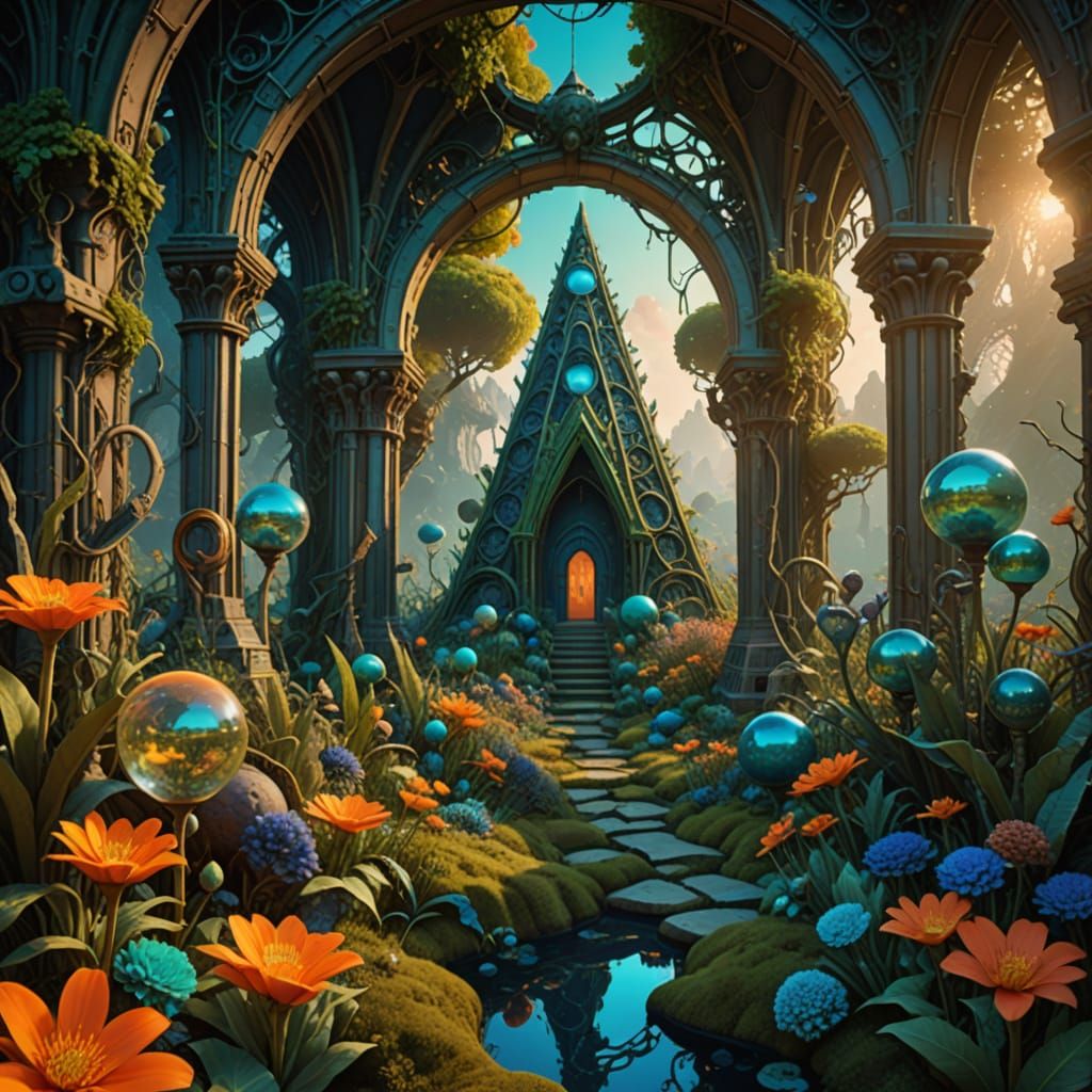 Exquisite Sunrise Garden with Gothic Archways and Mirror Glo...