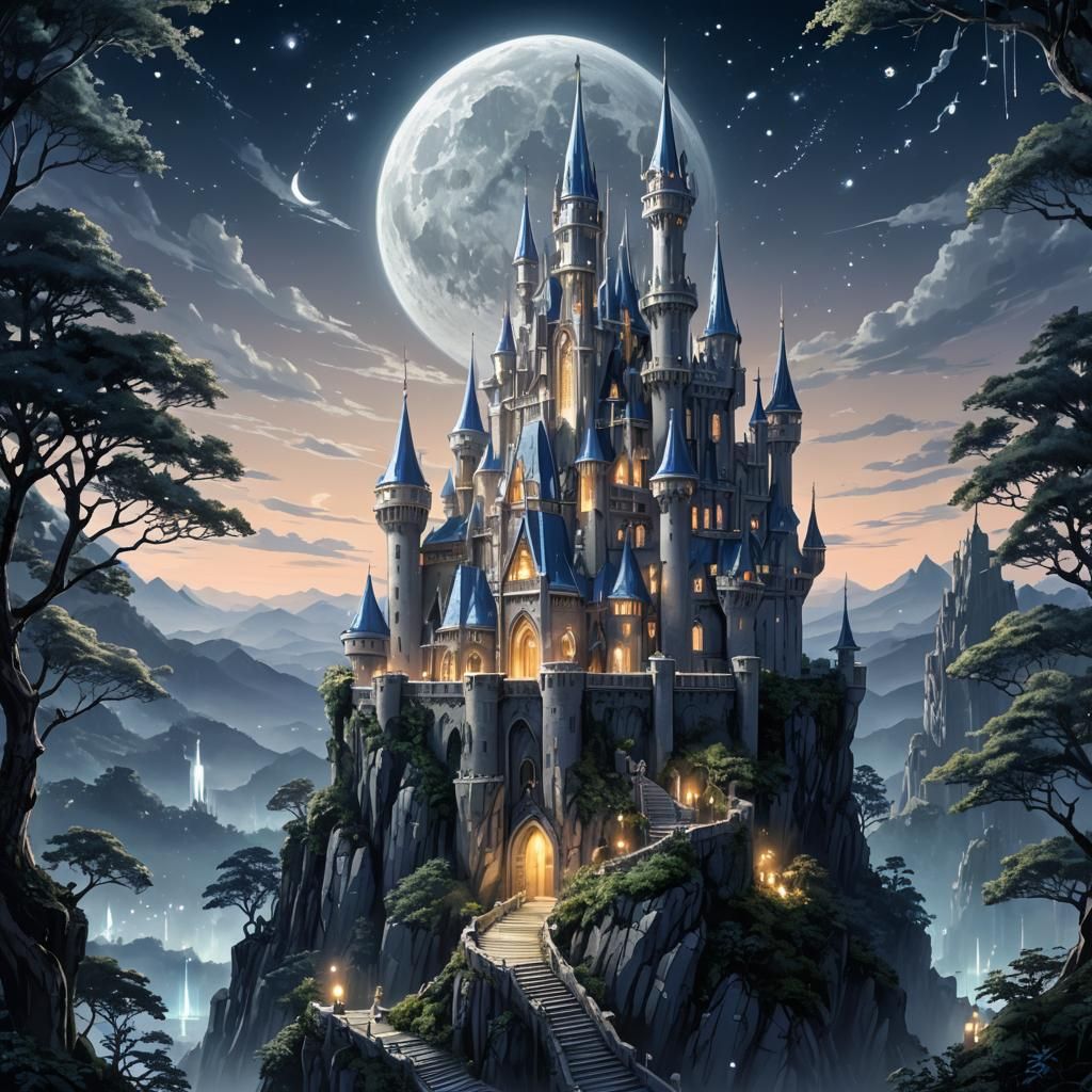 Silverlight Castle Under Moonlit Glow: Anime Style