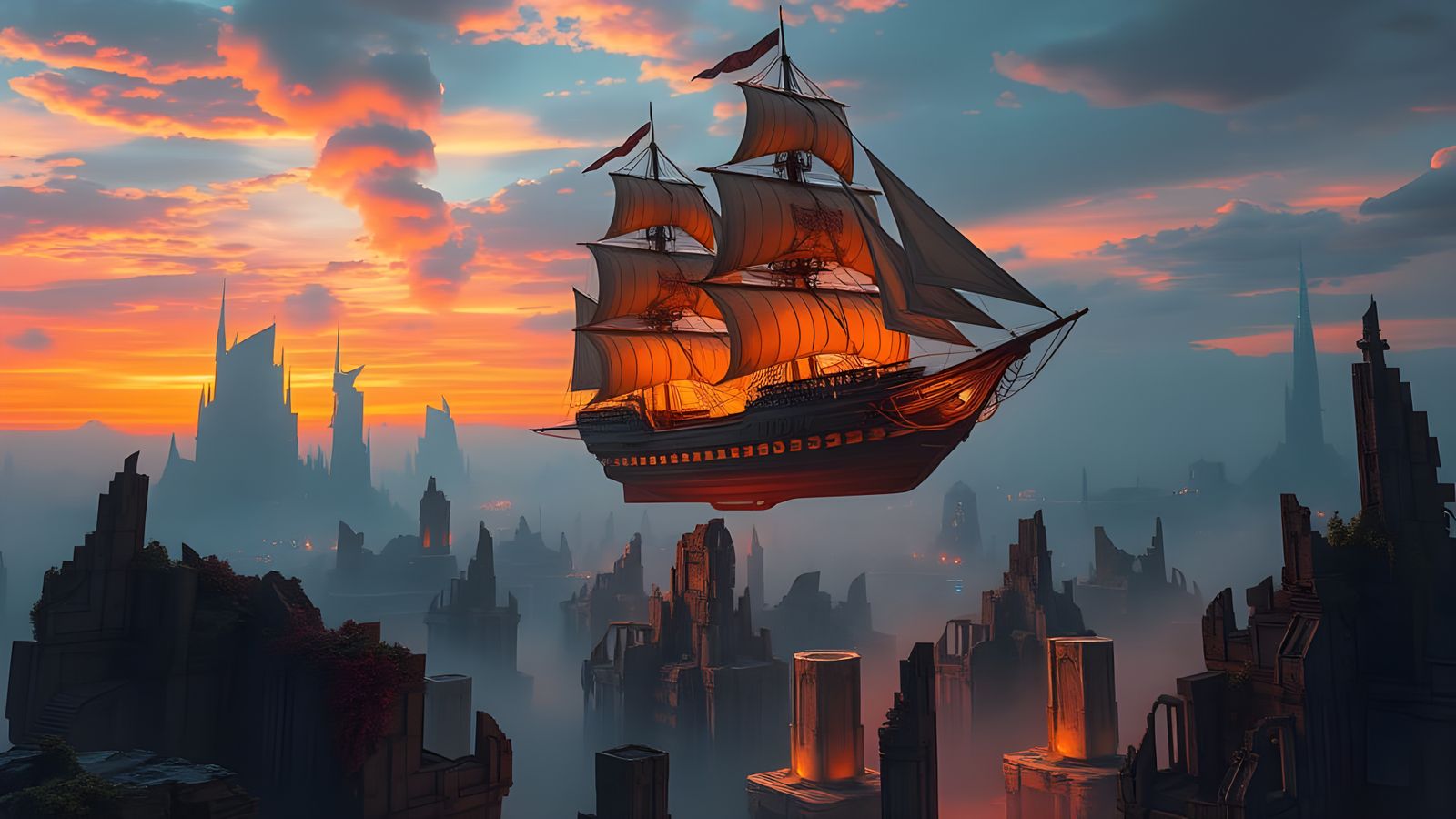 Fantastical English Galleon Soars Over Ancient Ruins of a By...