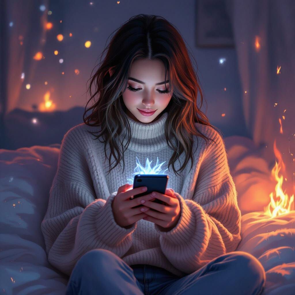 Girl with Phone in Dim Room, Digital Painting Style
