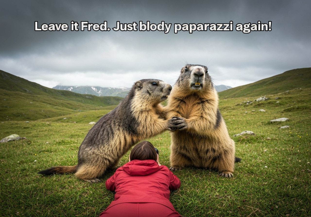 Photographer & Angry Marmots in Mountain Pasture