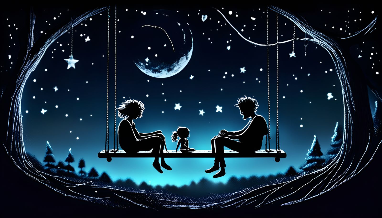 Couple on Swing Under Smiling Moon, Tim Burton Style