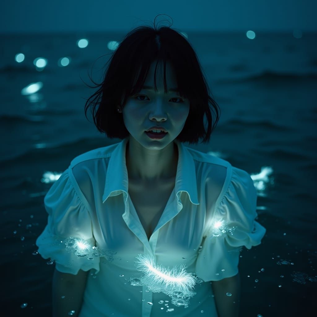 Drowning Woman Smiling in Bioluminescent Sea, Surreal Art