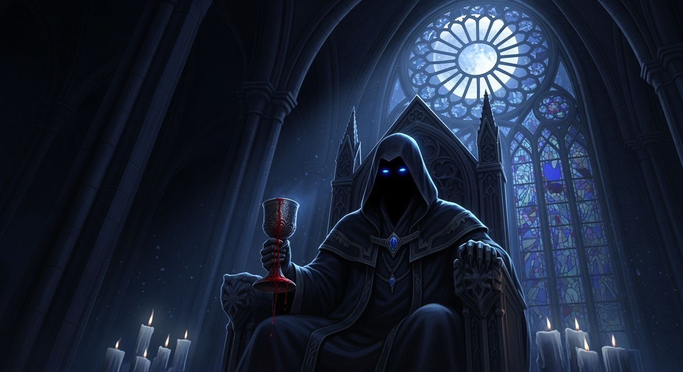 Hooded Vampire on Gothic Throne in Cathedral