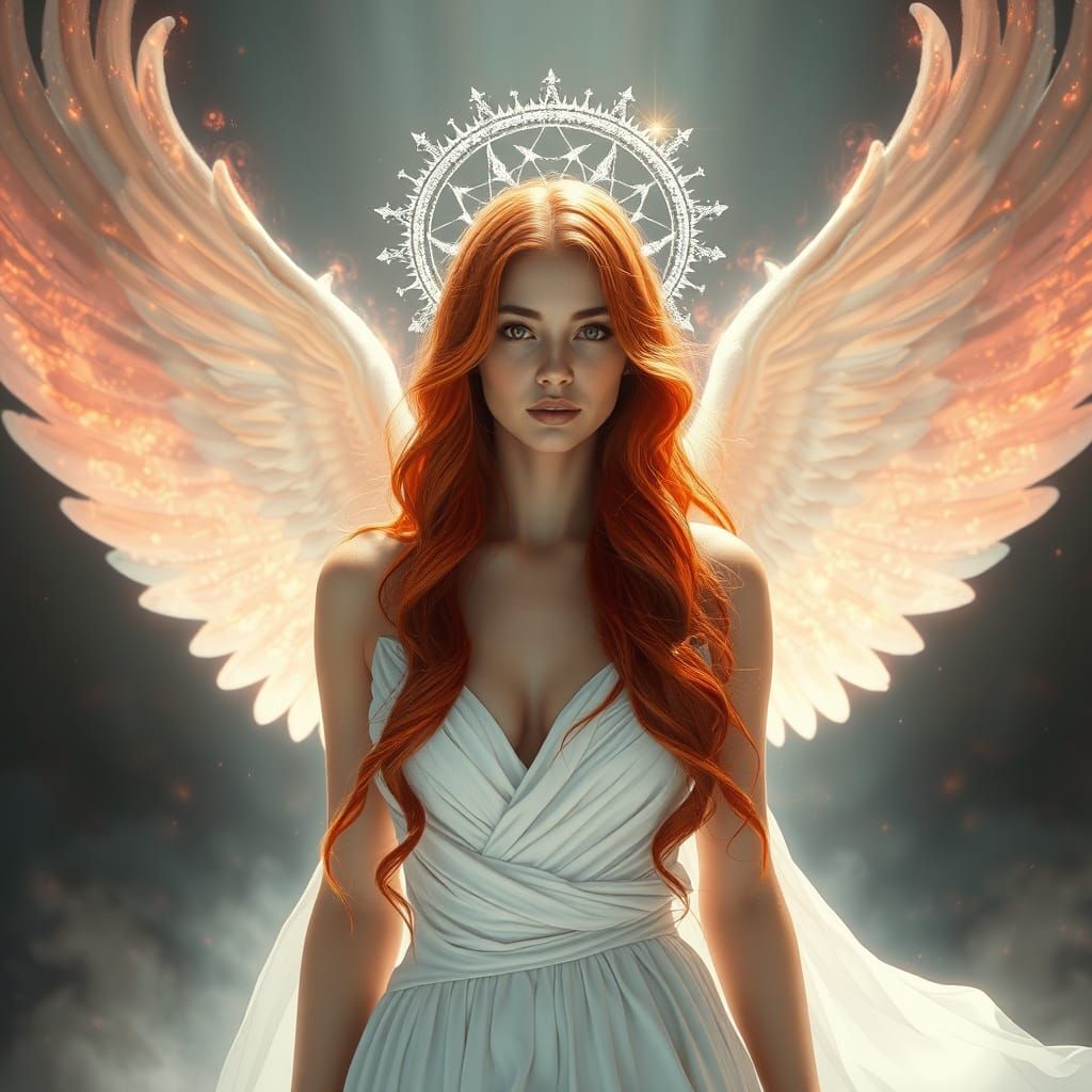 Divine Angelic Woman with Red Hair and Halo