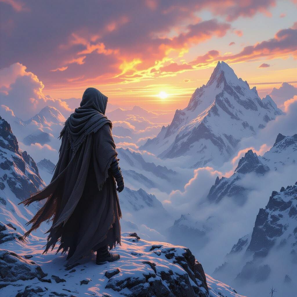 Lone Figure Gazing at Mountain Landscape