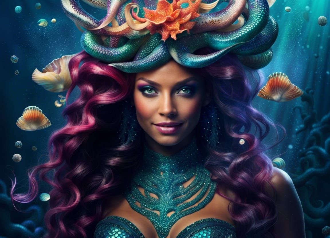 Mermaid Medusa Portrait with Ocean Creatures in Hyperrealism