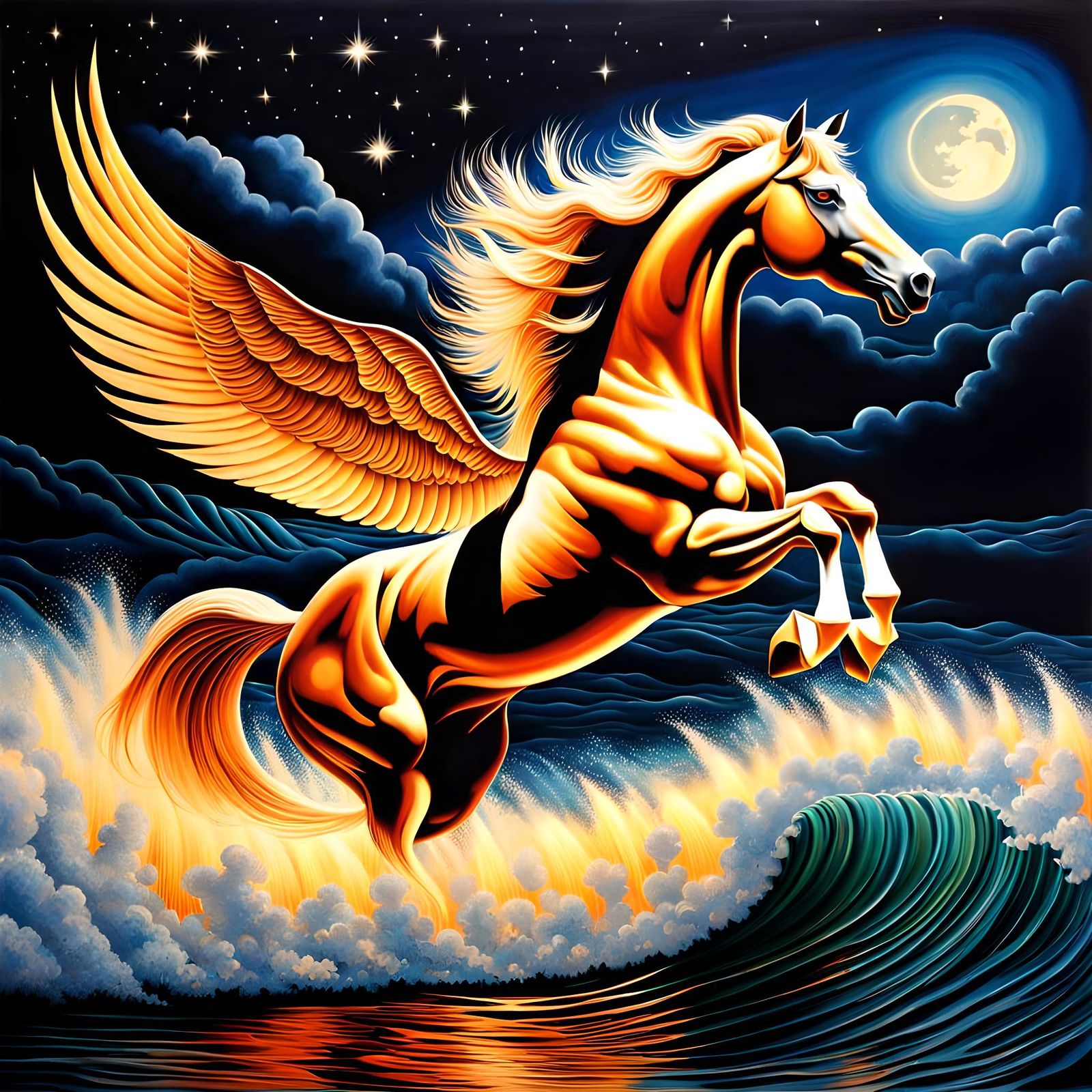 Winged Horse Flies Over Fire in Starlight