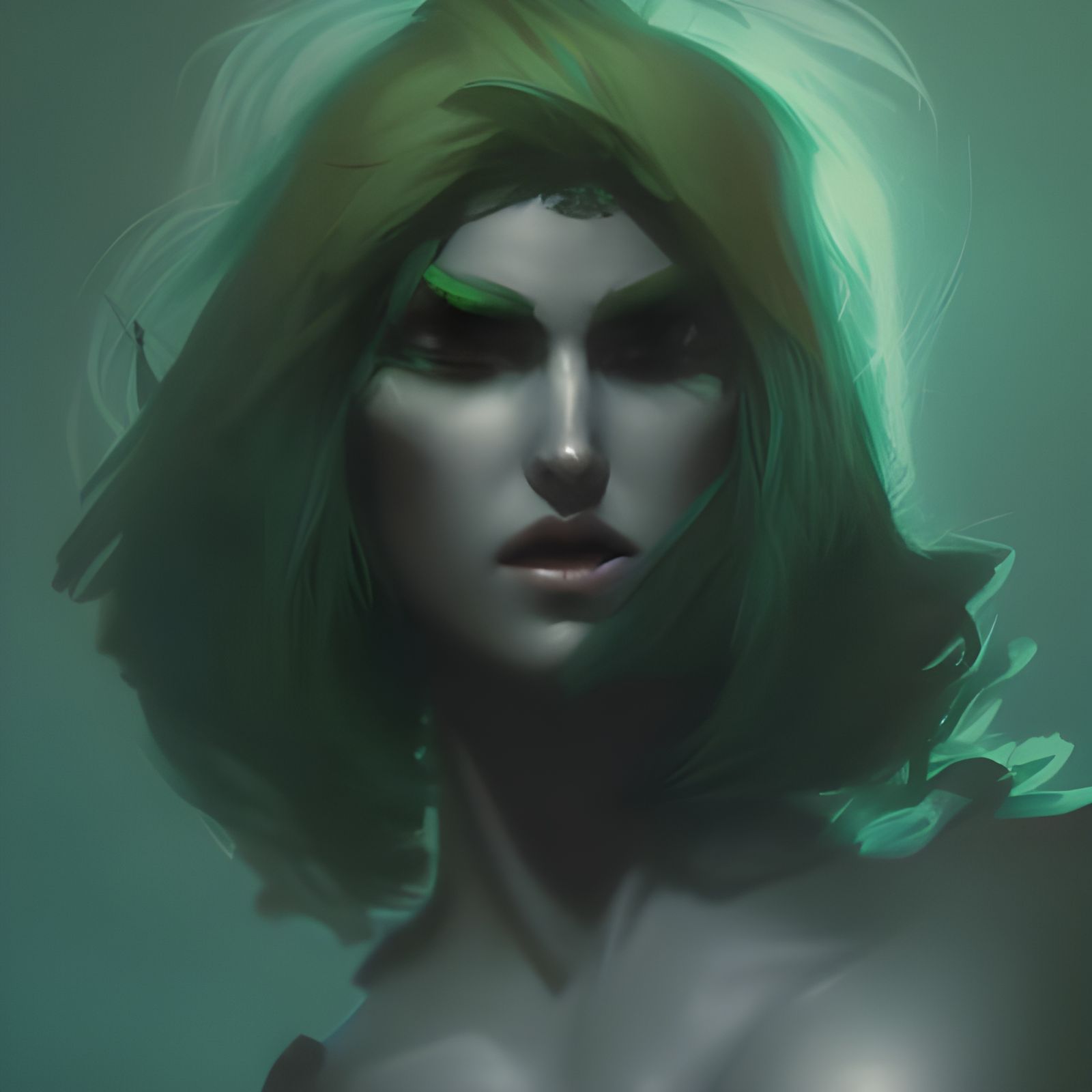 Androgynous Green-Haired Character in Dark Fantasy Style