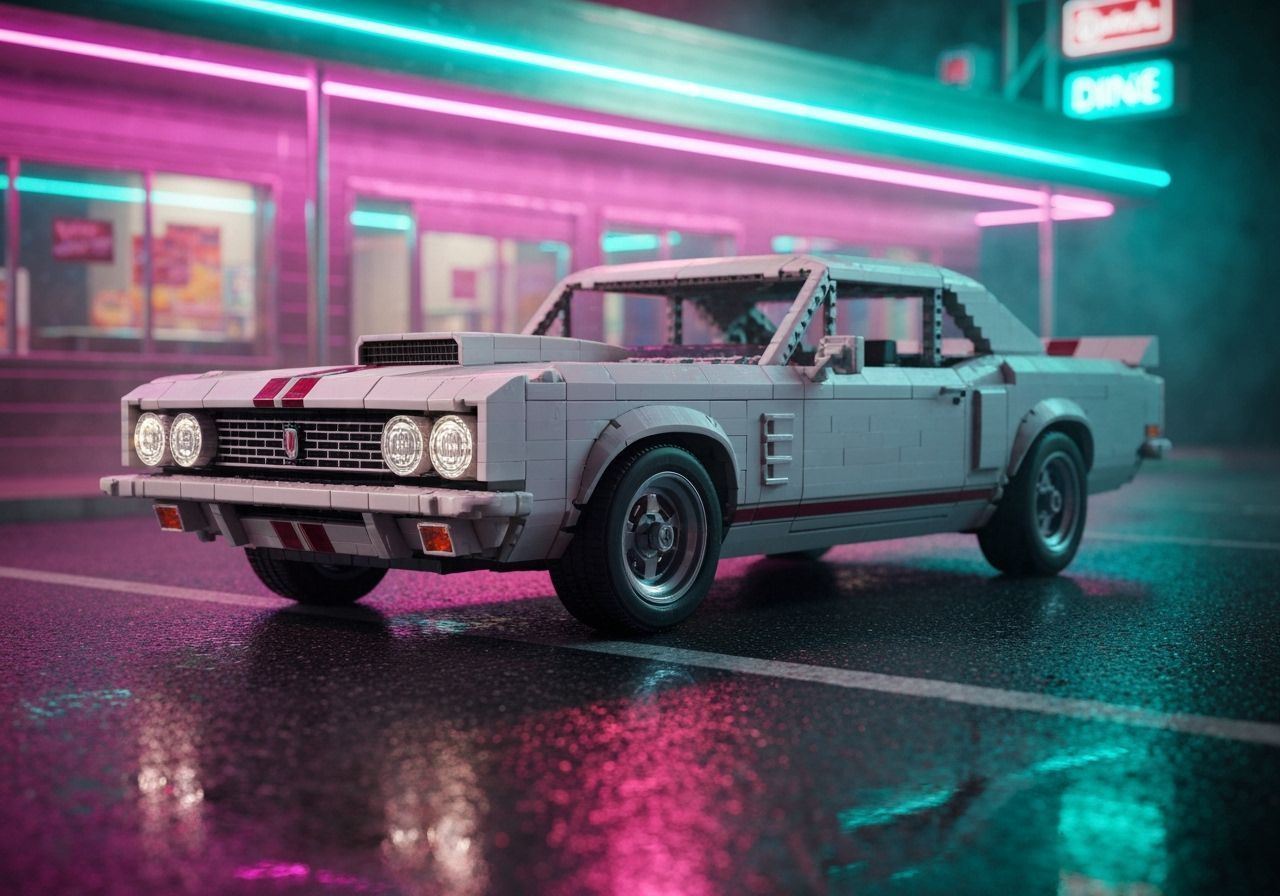 Plastic Brick Muscle Car Outside Neon Diner