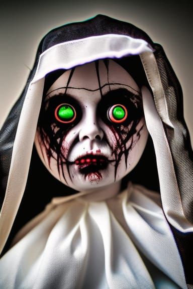 Terrifying Nun Doll in Horror Portrait Style