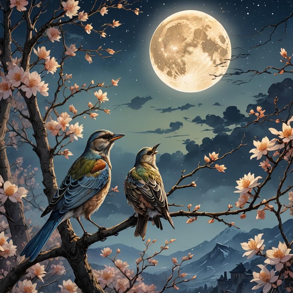 Melancholy Bird Under Moon: Watercolor Concept Art