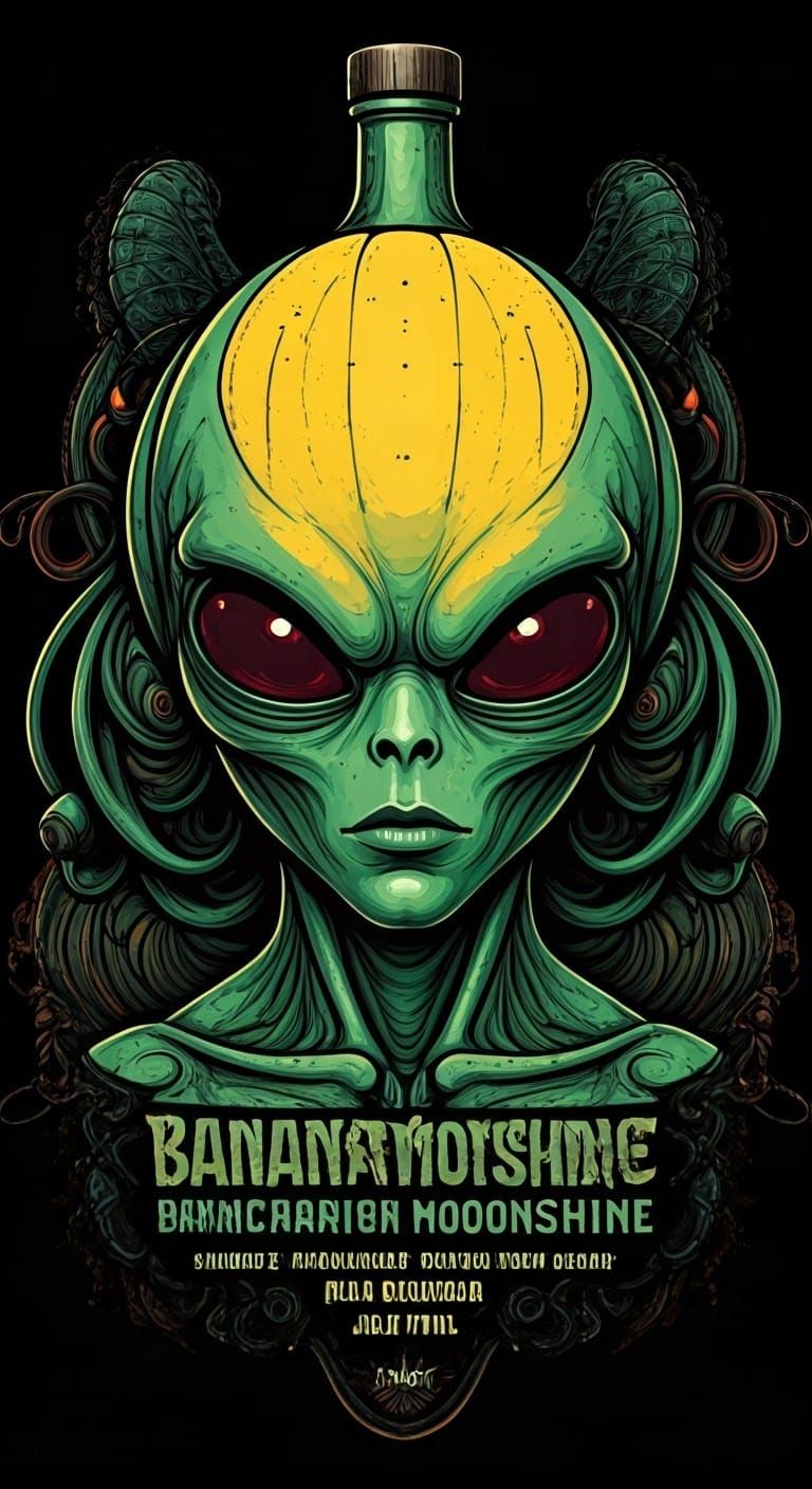 Vintage Sci-Fi Moonshine Label Depicting a Banana Alien