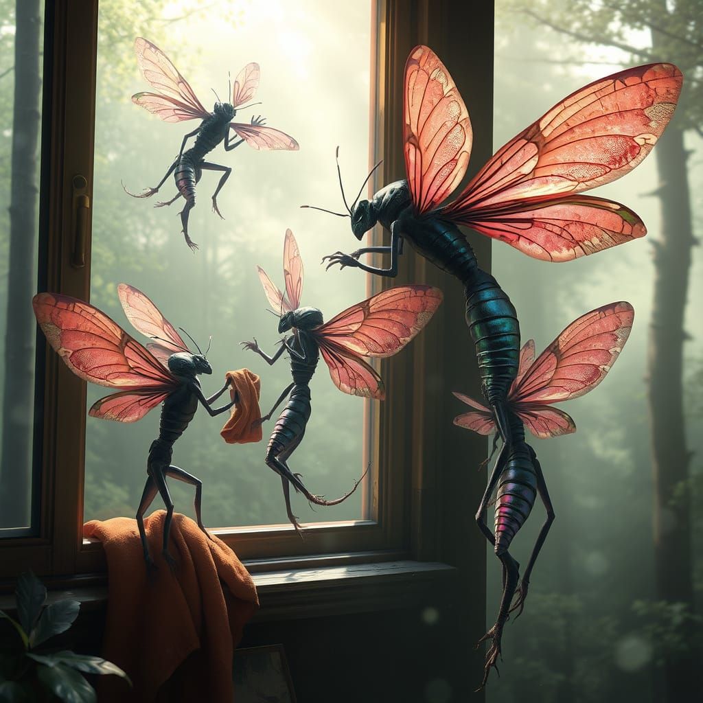 Mythical Insectoid Beings Clean Window in Vibrant Digital Ar...