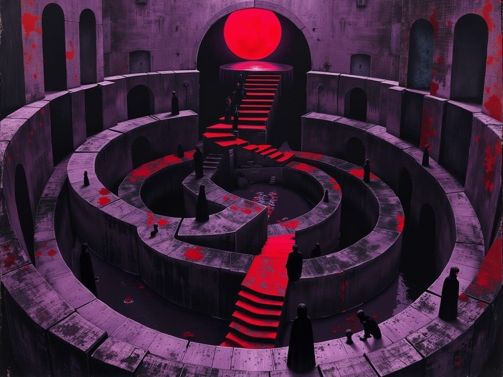 Surreal Labyrinth with Chess Pieces Under a Red-Purple Moon
