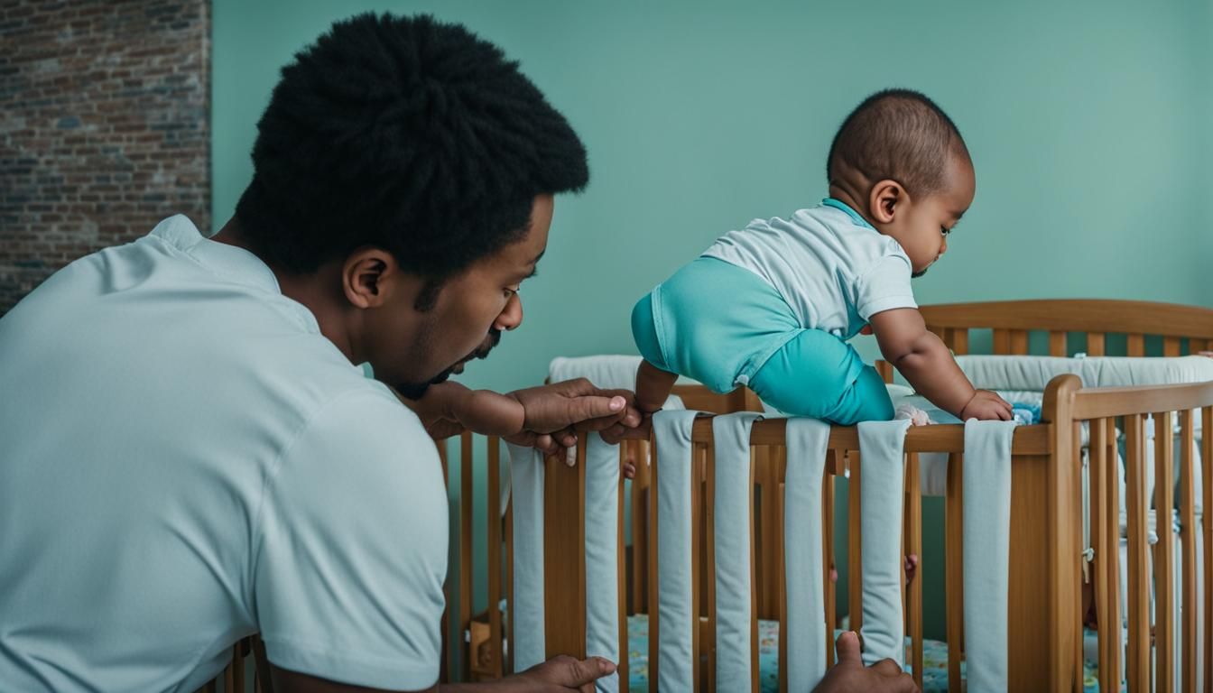 Father Changing Baby Diaper by Crib