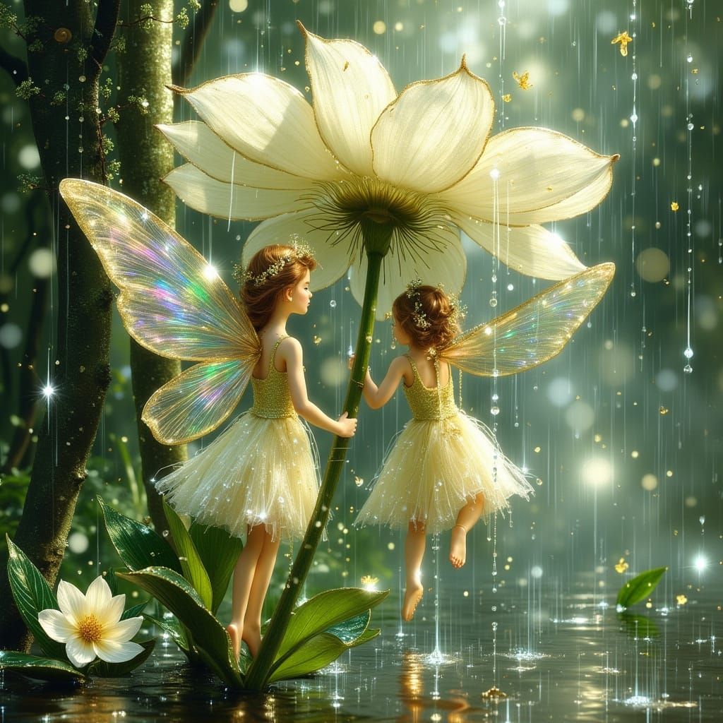 Whimsical Fairies Hide from Rain in Floral Shelter
