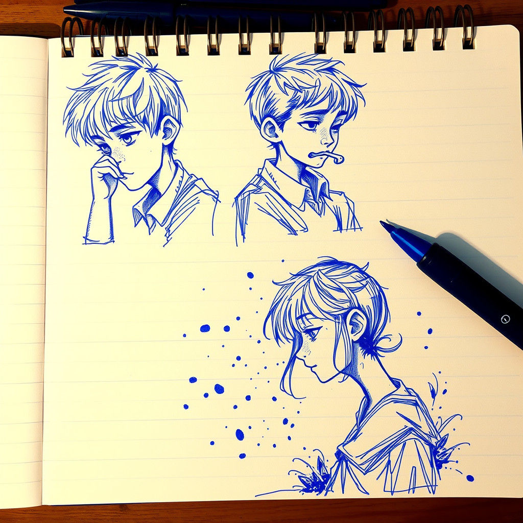 Blue Ink Doodles of Thinking Boy