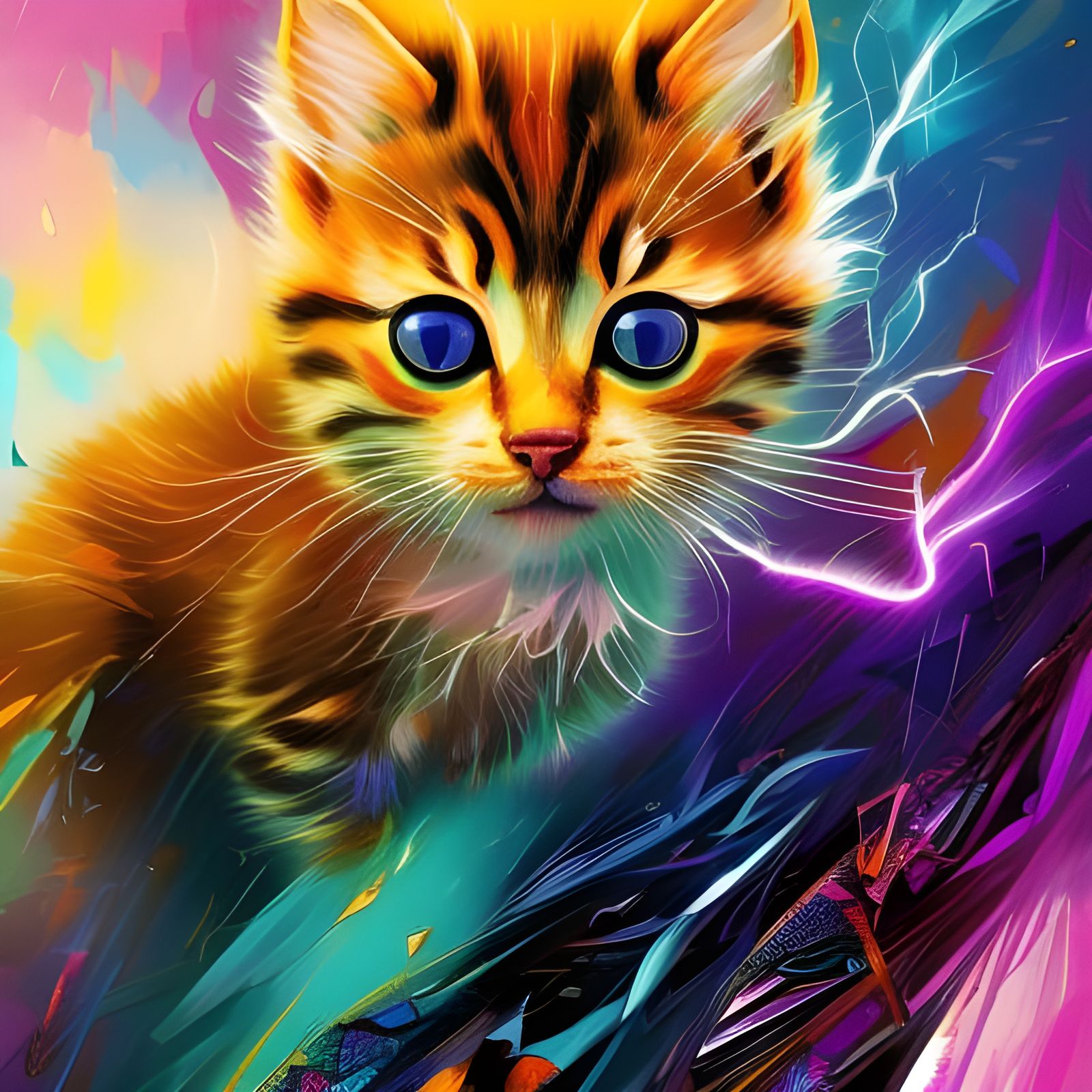 Electrifying Kitten: A Colorful Abstract Digital Illustratio...